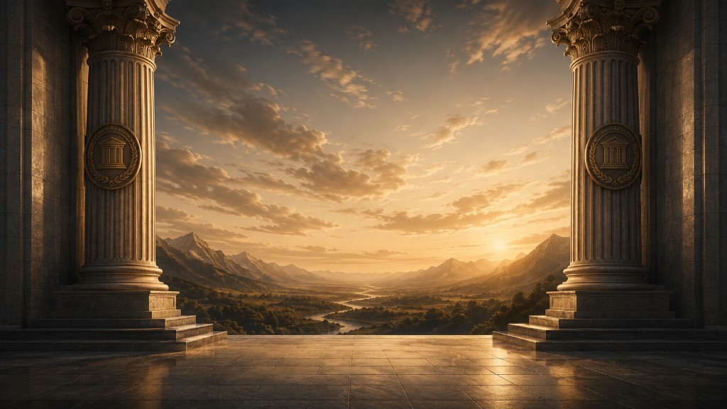 Two classical stone pillars opening onto a river valley at sunset