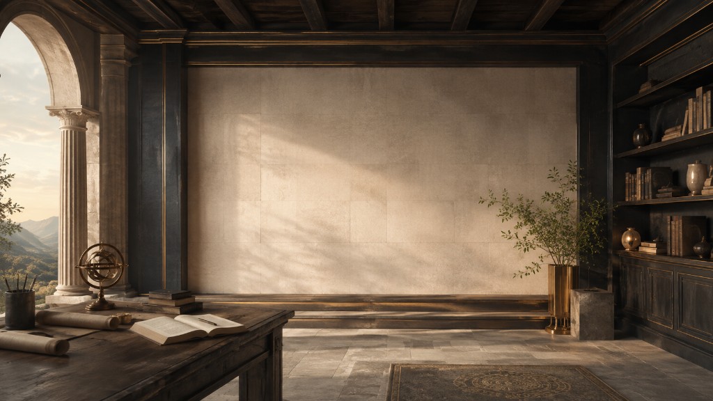 A quiet study with timber shelves, a stone column, and a blank wall ready for work